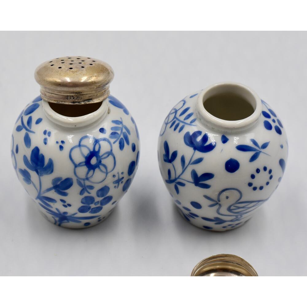 Rare Meissen Blue Porcelain Salt & Pepper Hand Painted Sterling Silver Lids - Picture 11 of 13